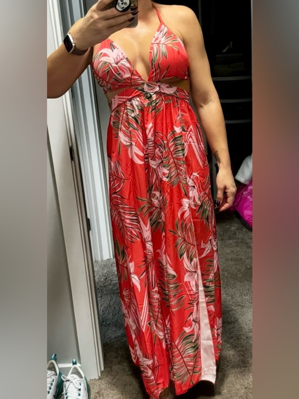 SHEIN Red Tropical Halter Maxi Skirt